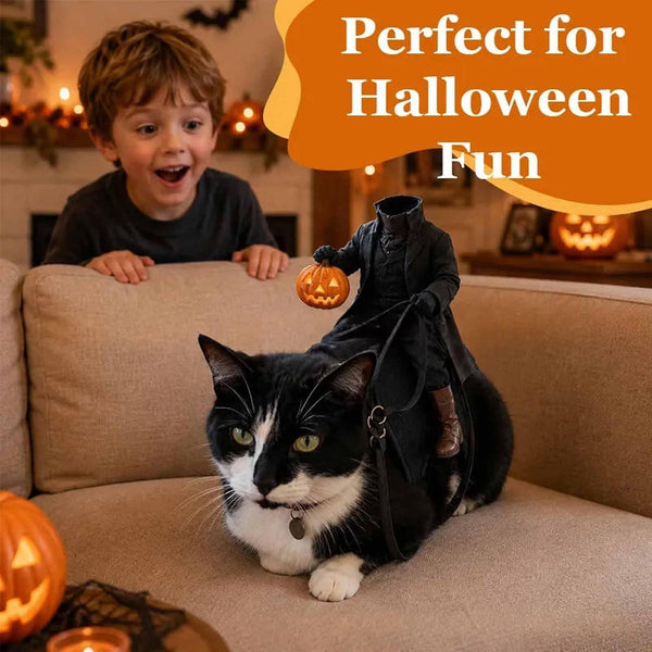 A black and white cat wearing a small black Halloween costume sits on a beige couch, holding a carved pumpkin, while a boy in a dark shirt watches from behind the couch. An orange graphic overlay reads 'Perfect for Halloween Fun' against a cozy living room background with warm lights and pumpkins.
