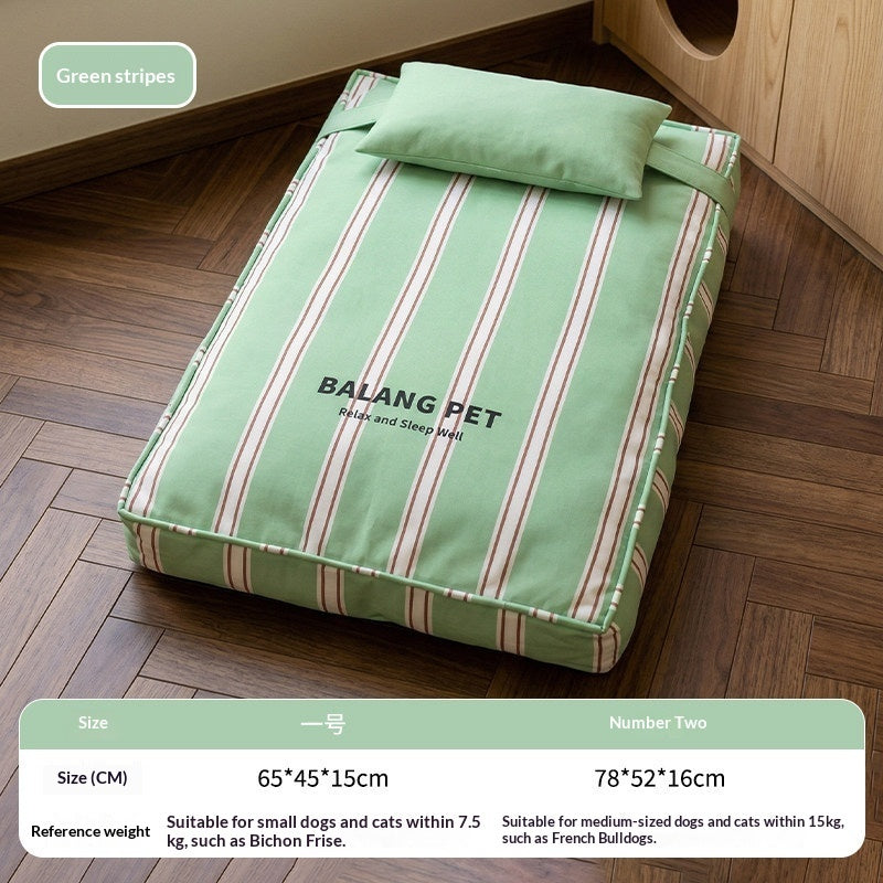 Green striped pet bed with pillow on a wooden floor, featuring the brand 'BALANG PET'.
