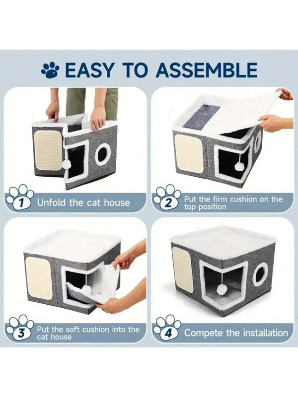 Step-by-step assembly instructions for a cat house with text 'Easy to Assemble'.