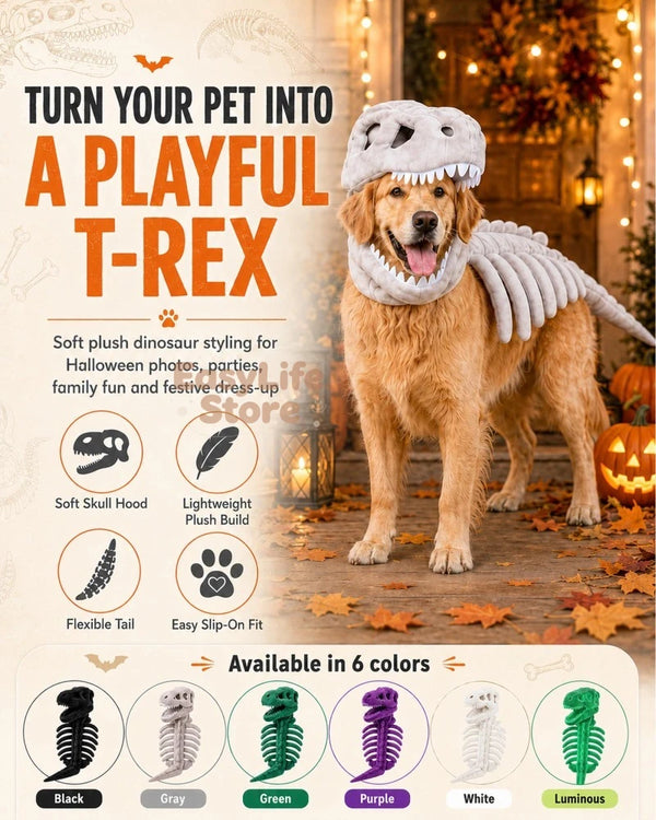 A golden retriever dog wearing a plush dinosaur T-rex costume stands in a Halloween-themed outdoor scene with pumpkins, fall leaves, and warm string lights. Large promotional text reads 'TURN YOUR PET INTO A PLAYFUL T-REX' with feature icons for soft skull hood, lightweight plush build, flexible tail, and easy on-fit.
