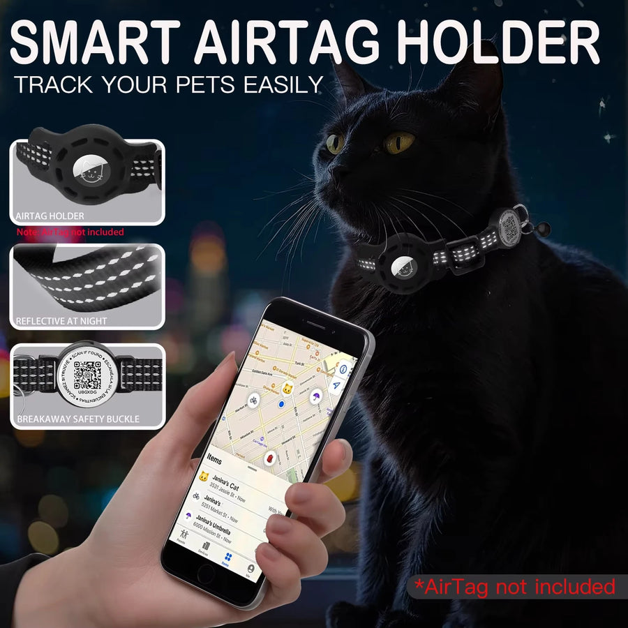 Safety Cat Collar with AirTag Holder, QR Tag & Reflective Strip