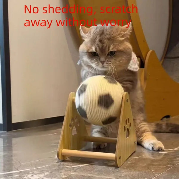 Cat playing with a ball on a stand with text 'No shedding, scratch away without worry' in a home setting.
