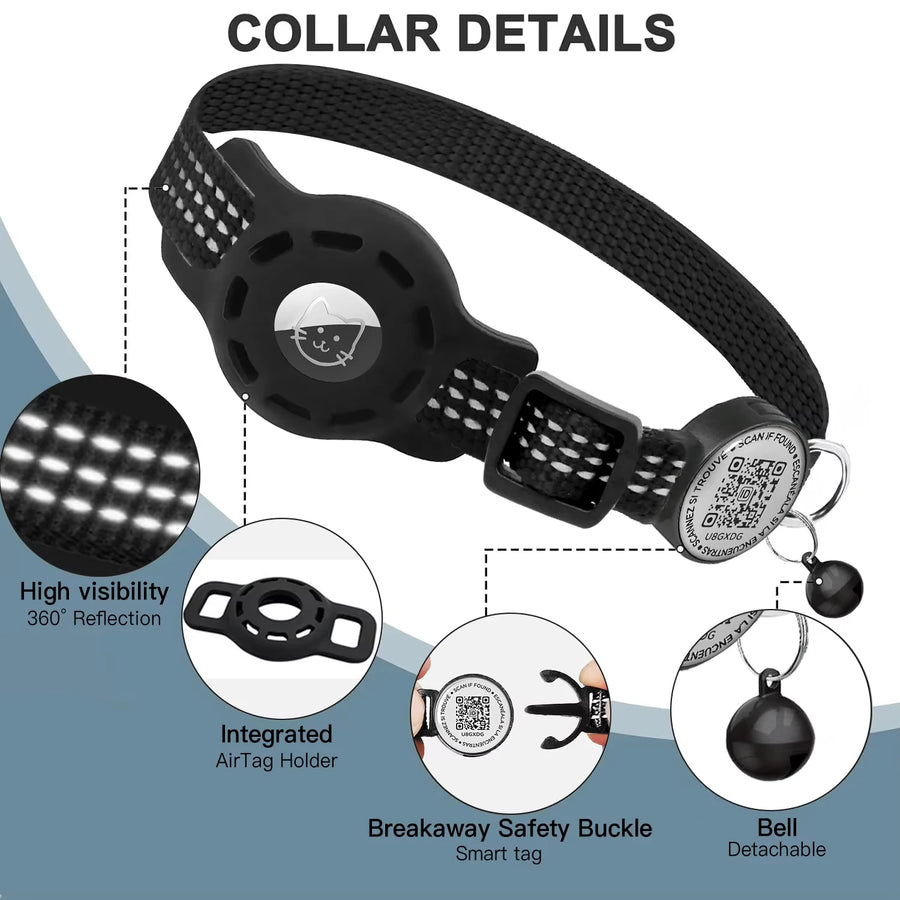 Safety Cat Collar with AirTag Holder, QR Tag & Reflective Strip