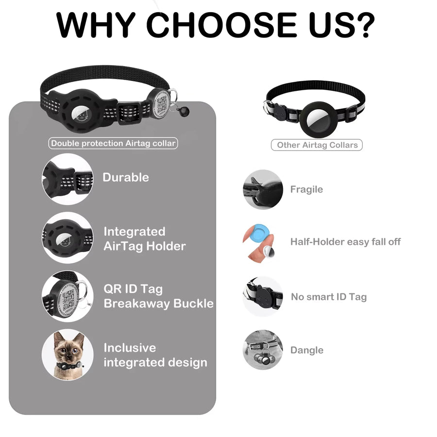 Safety Cat Collar with AirTag Holder, QR Tag & Reflective Strip