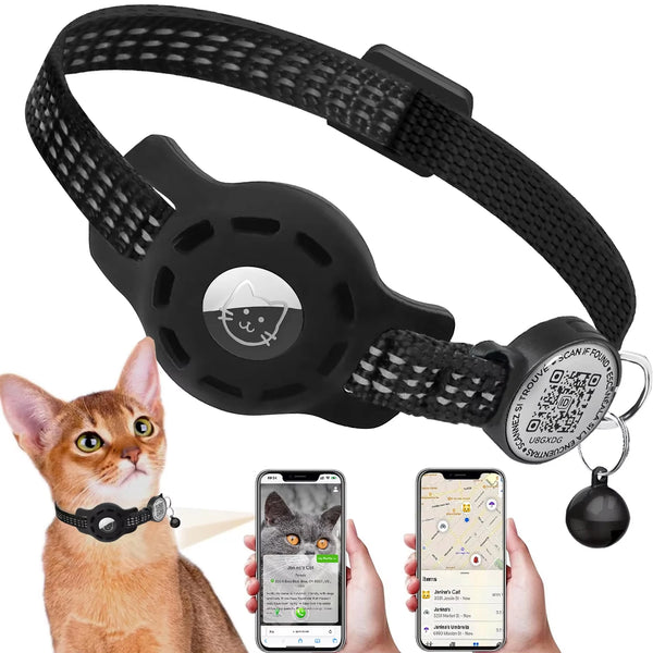 Cat collar with GPS tracker, QR code tag, and smartphone app interface on a white background