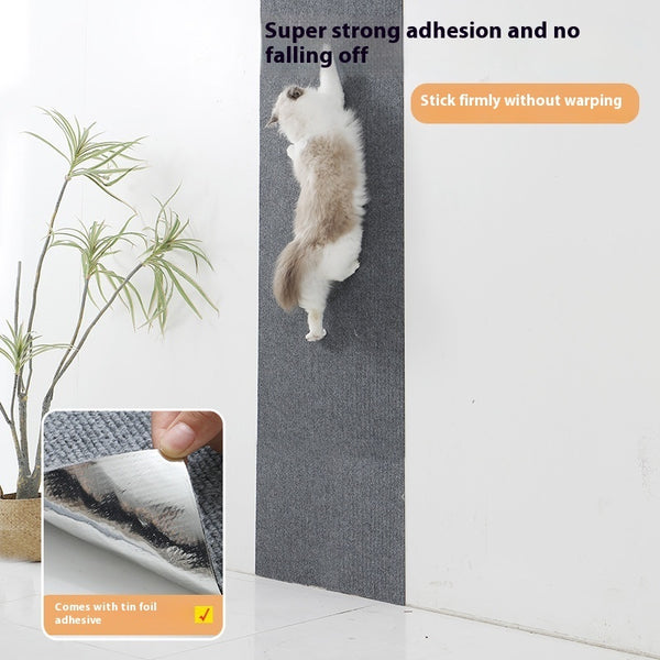 Cat climbing a textured wall with text about adhesive strength and a close-up of the adhesive.