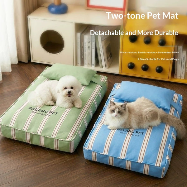 Two two-tone striped pet mats on a wooden floor, one green and one blue, each with a matching pillow. A small white dog rests on the green mat and a long-haired light-colored cat rests on the blue mat.