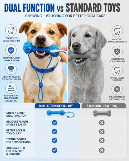 A promotional comparison graphic for a pet dental toy, showing two dogs holding blue squeaky chews, with text comparing dual-function chew brushing toys to standard chew toys and a feature checklist.