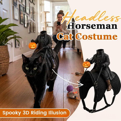A black cat wearing a headless horseman cat costume with a small pumpkin lantern, shown in a home hallway with a woman in the background. The right side shows a larger isolated view of the costume on a horse-shaped form.