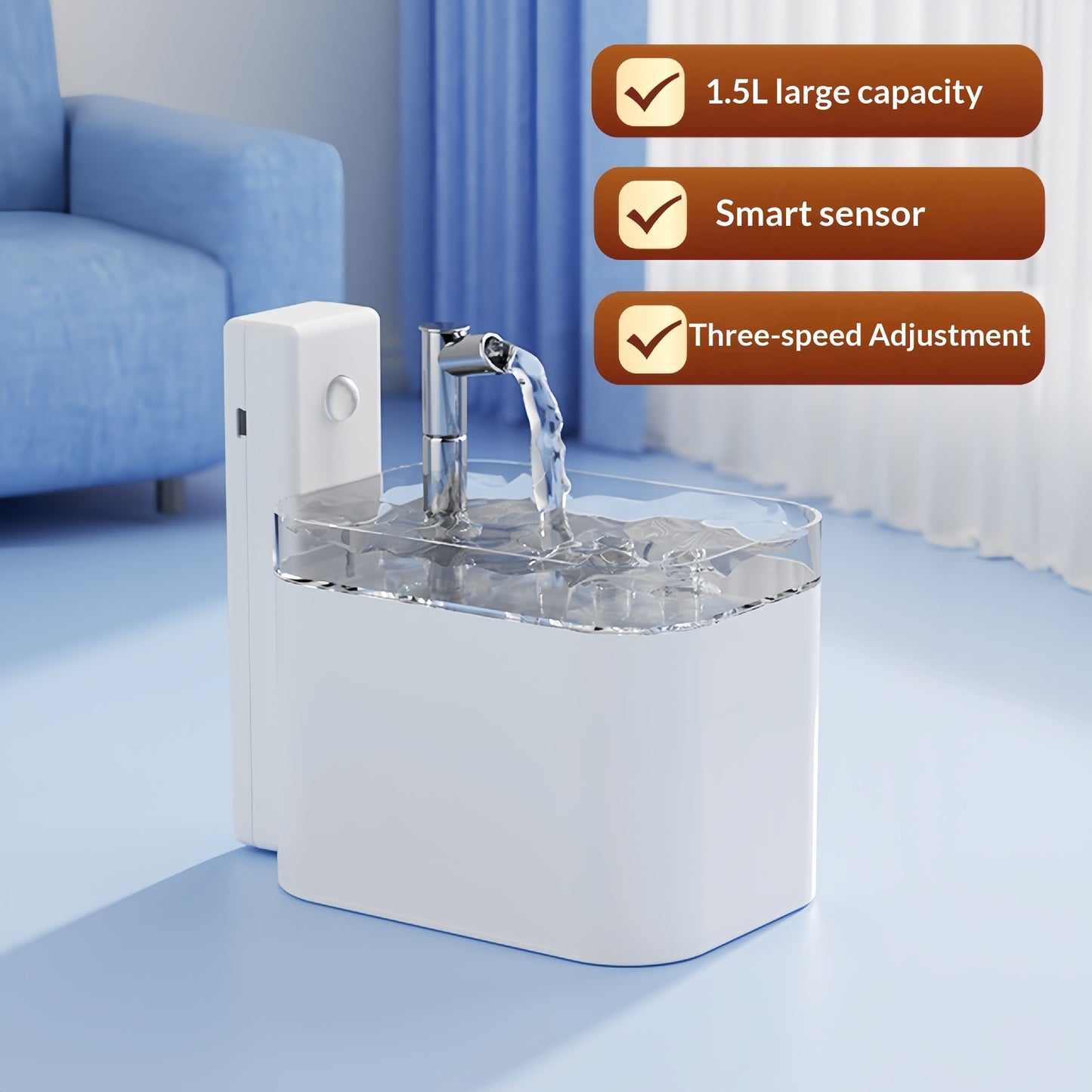 Pet water fountain with features highlighted on a blue floor