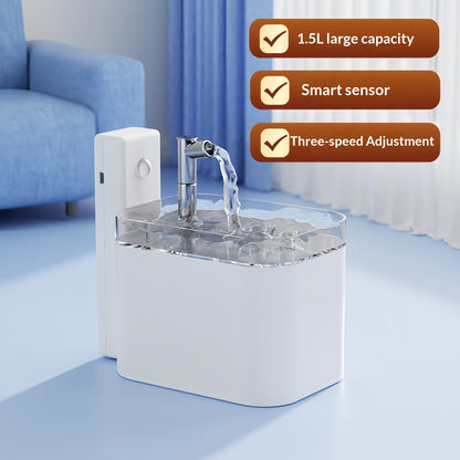 Pet water fountain with features highlighted on a blue floor