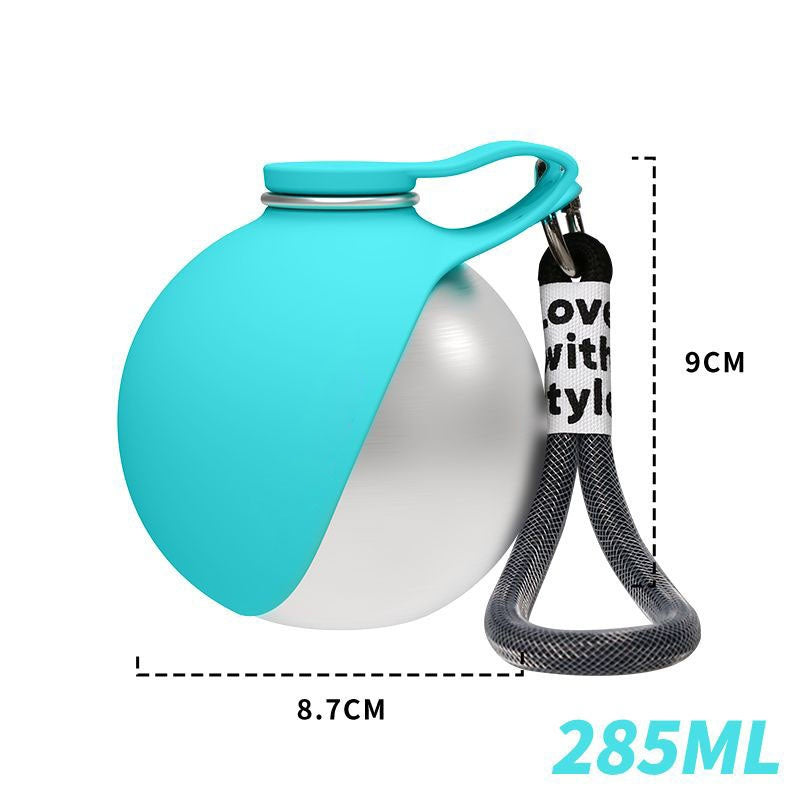 Teal and silver water bottle with measurement details on a white background