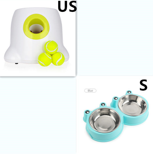 Dog Tennis Ball Launcher Toy and Stainless Steel Double Pet Bowl Set for Dogs Feeding Training and Play