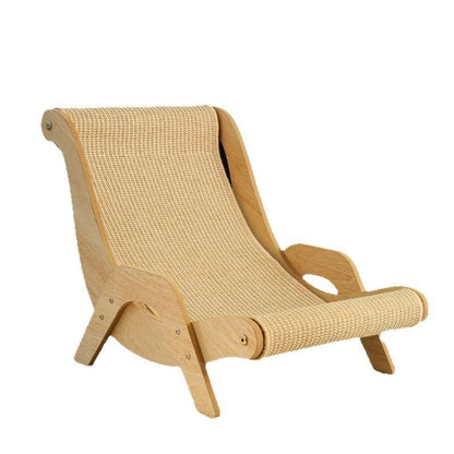 Beige lounge chair with woven backrest on a white background