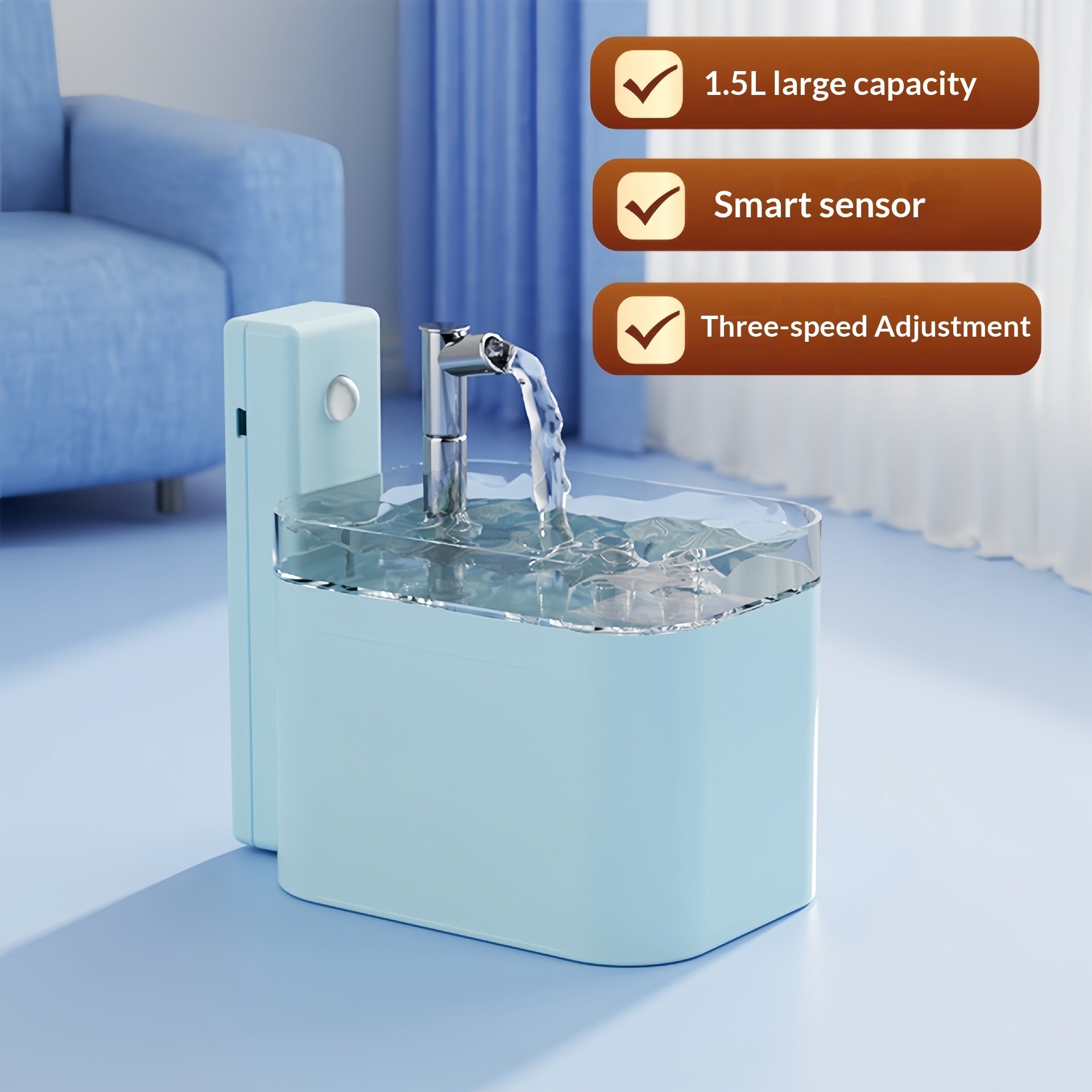 Blue pet water fountain with water flowing in a living room setting, featuring text on its features.