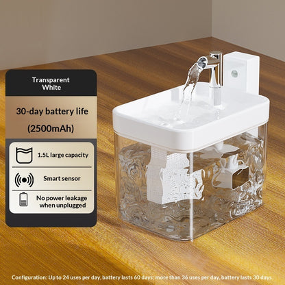 Clear container with white faucet on a wooden surface, featuring battery life and features text.