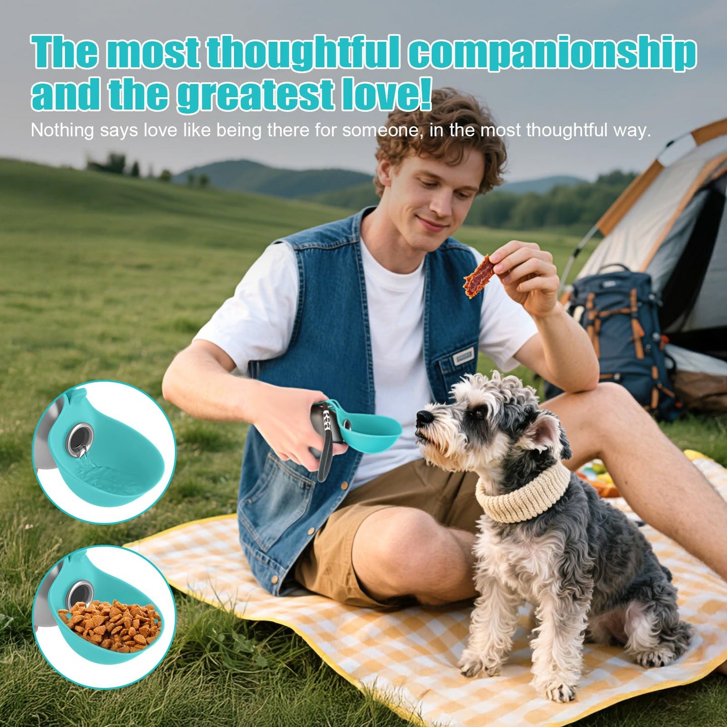 Man sitting on a blanket with a dog, holding a treat, with camping gear in the background.