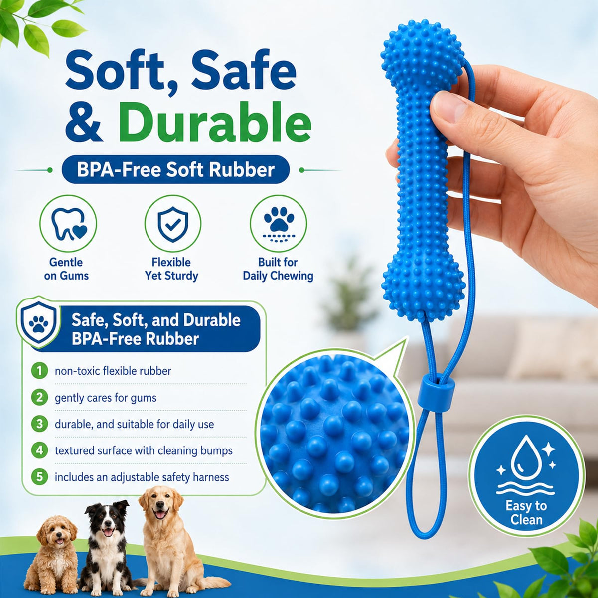 Blue textured rubber dog chew toy with rope, flexible design and raised bumps for everyday chewing