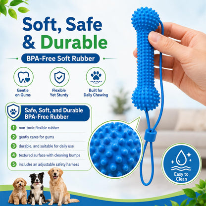 Blue textured rubber dog chew toy with rope, flexible design and raised bumps for everyday chewing