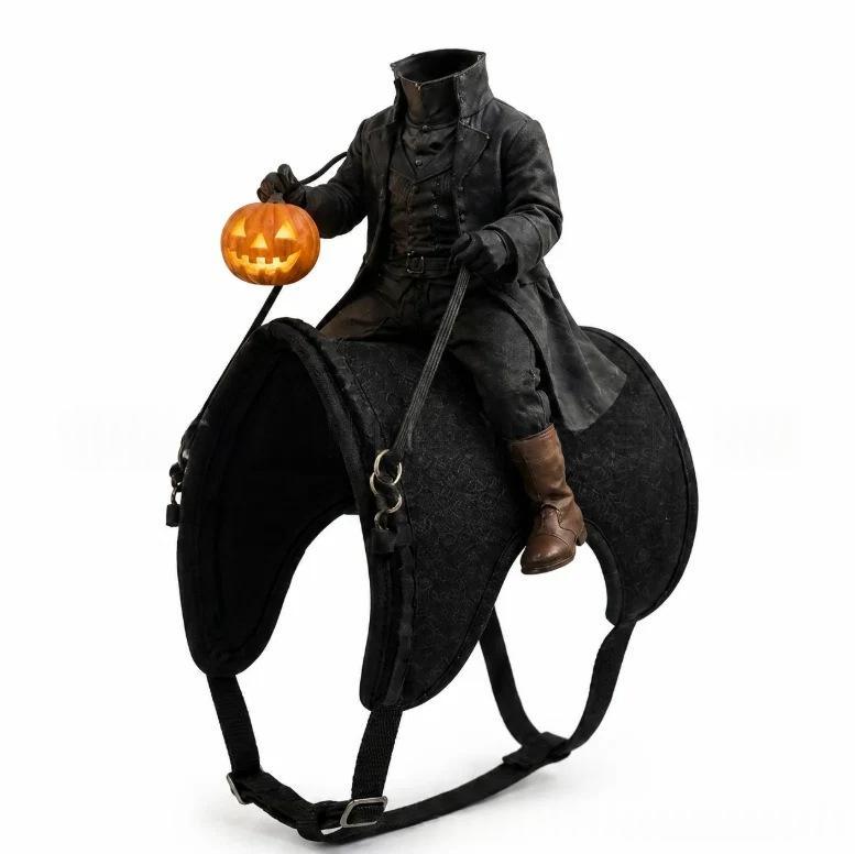 A Halloween-themed miniature figure of a rider on a black horse, holding a glowing jack-o'-lantern pumpkin, photographed against a solid white background.