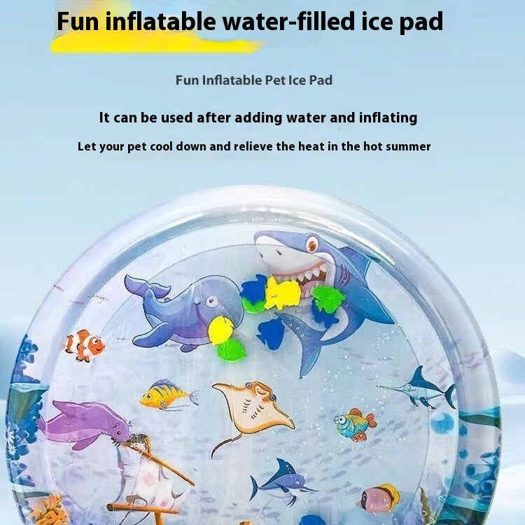 Inflatable water-filled ice pad with cartoon sea creatures on a blue background