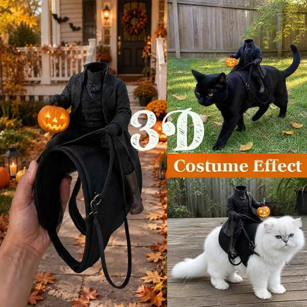 A Halloween costume accessory set shown in three panels: a hand holding a black miniature horse costume with saddle and reins, a black cat wearing the costume in a yard, and a white cat wearing the costume on a deck. The center has large white text reading '3D' and an orange banner reading 'Costume Effect'.