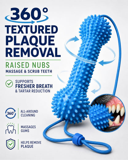 Blue textured dog dental toy with raised nubs and a looped tail, shown on a white background with marketing text, arrows, and a small inset of a dog's teeth.