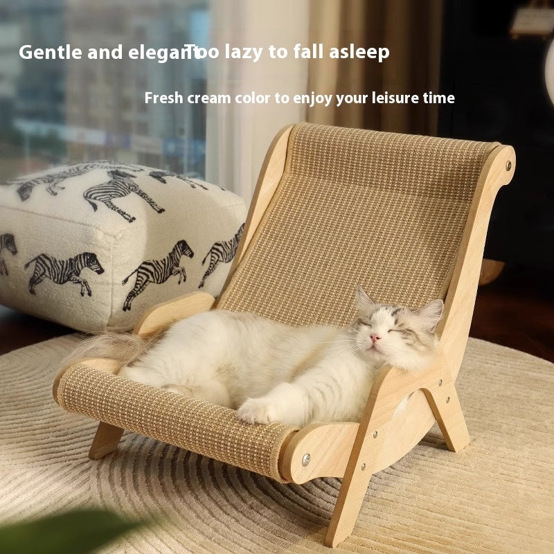 Cat lounging on a small wooden chair with a zebra-patterned cushion in the background