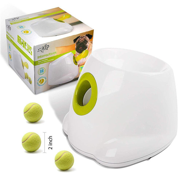 Automatic tennis ball thrower for small dogs, interactive toy by All For Paws, includes 2-inch balls.