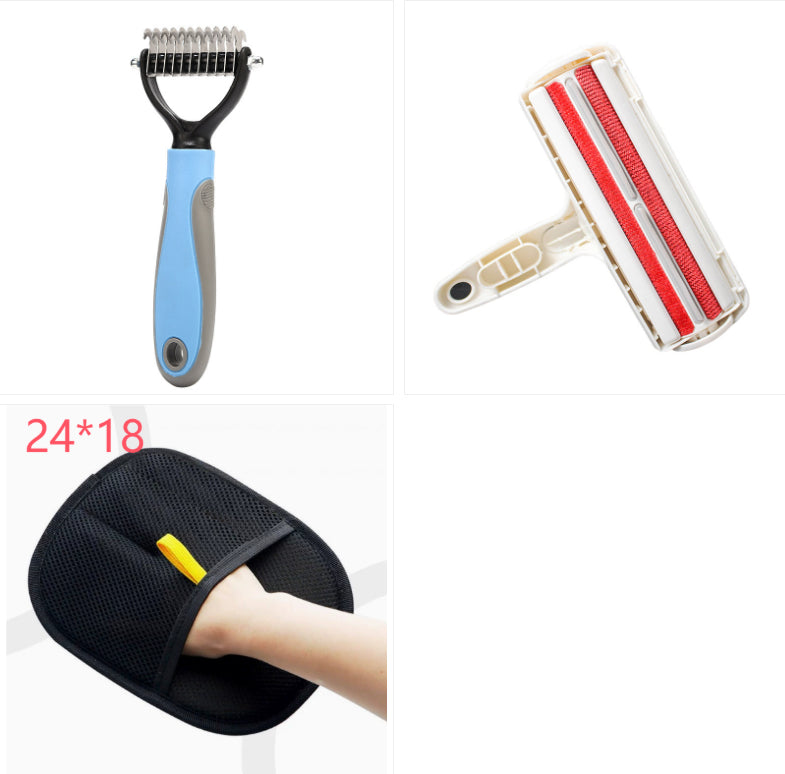 Three-panel product collage on a white background showing grooming tools: a blue and gray pet grooming rake with metal teeth, a cream-colored adhesive brush with red bristles, and a black mesh hand-held cleaning pad with a yellow hook being demonstrated on a hand.