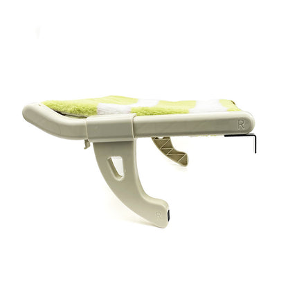 White and green ironing board with a striped cover on a white background