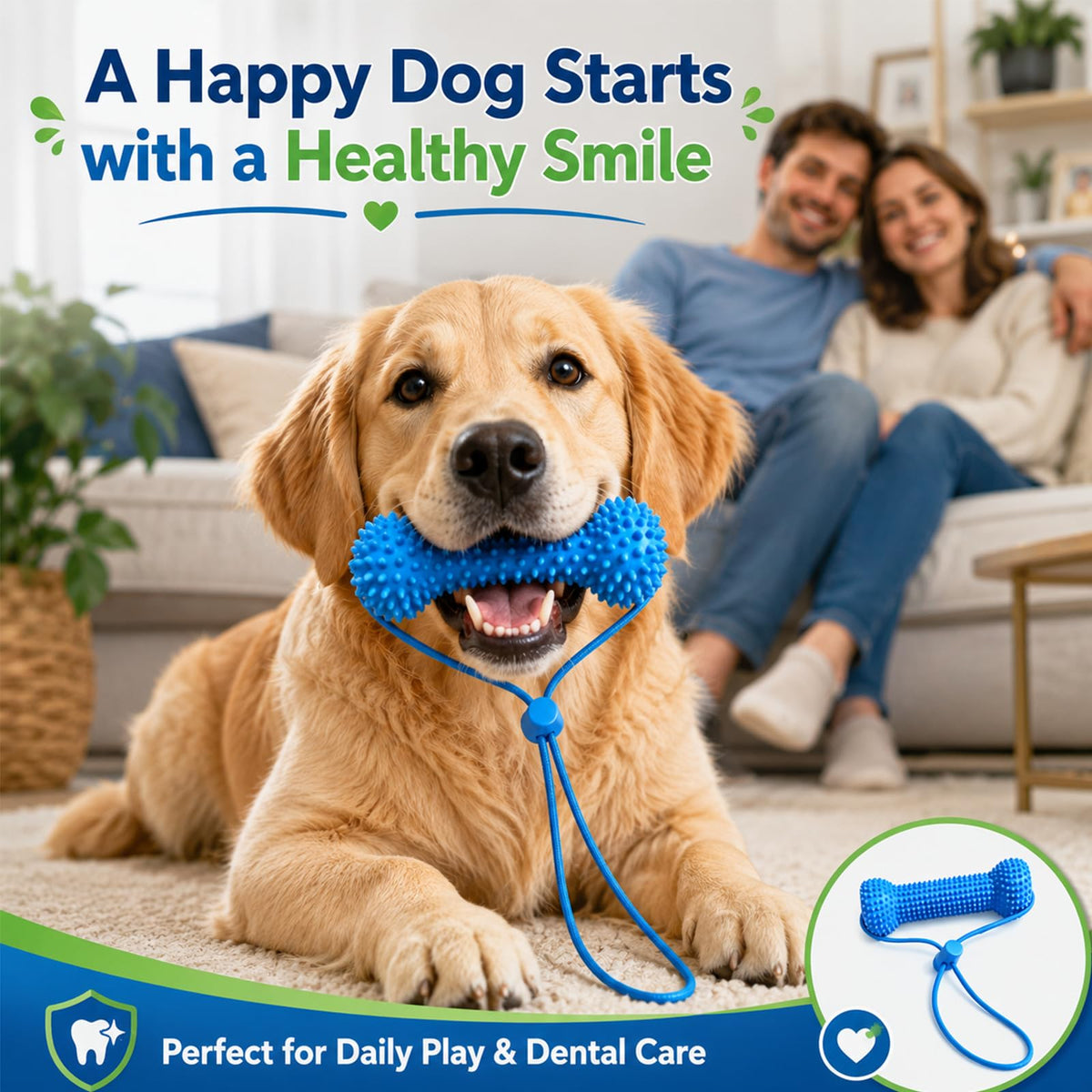 Golden retriever playing with a blue textured dog dental chew toy and rope in a home setting
