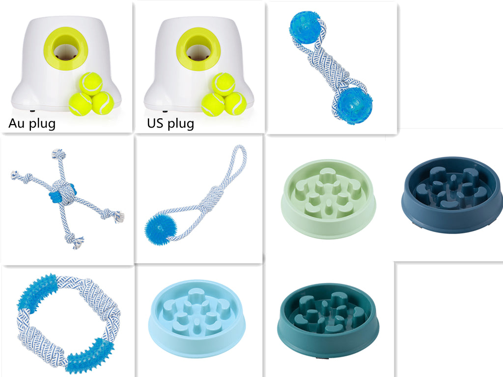Automatic dog tennis ball launcher toy with bright yellow balls for indoor and outdoor fetch play, durable interactive pet toy for active dogs.