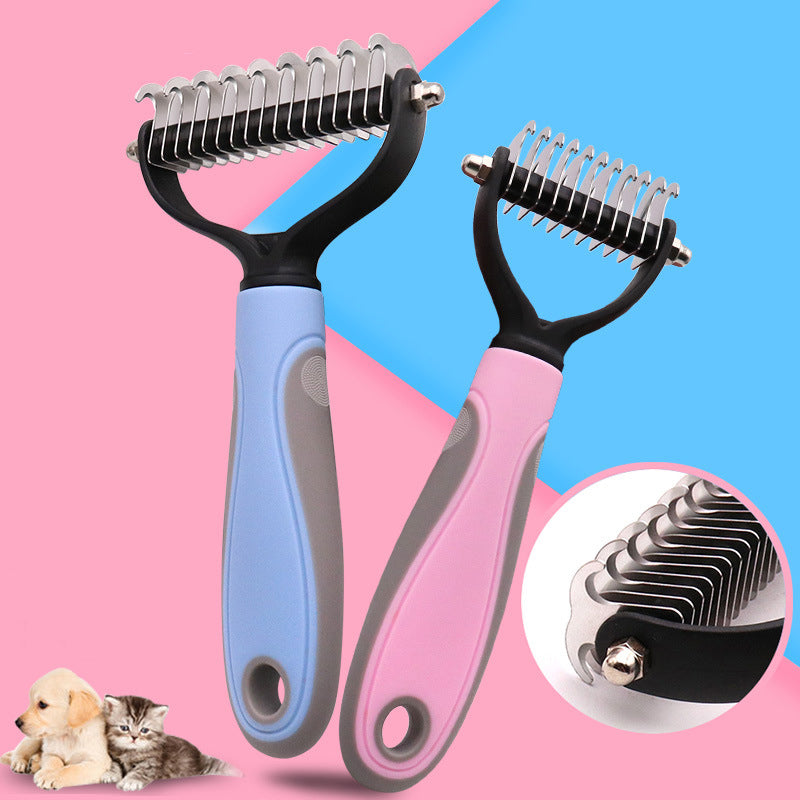 Two pet grooming brushes with black handles and stainless steel teeth are shown on a pink and blue background. One brush has a light blue handle and the other has a pink handle.