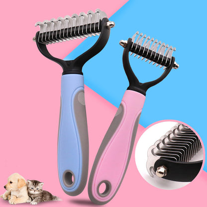 Two pet grooming brushes with black handles and stainless steel teeth are shown on a pink and blue background. One brush has a light blue handle and the other has a pink handle.