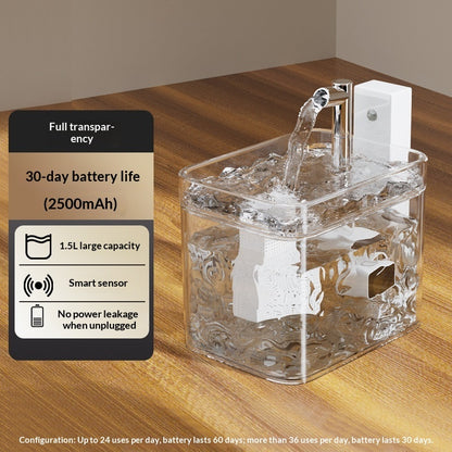 Clear water dispenser on a wooden surface with product features displayed.