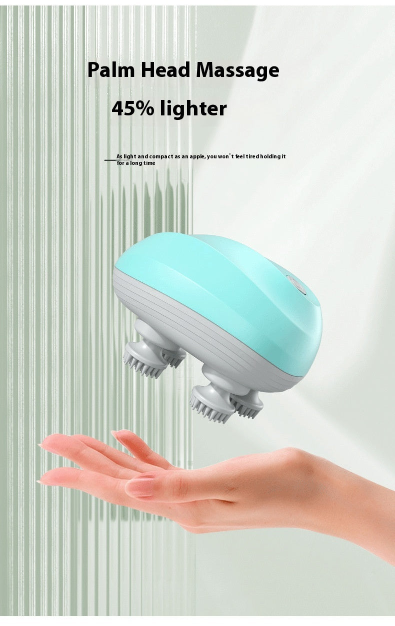 Handheld massager with text indicating palm head massage and weight reduction on a light background.