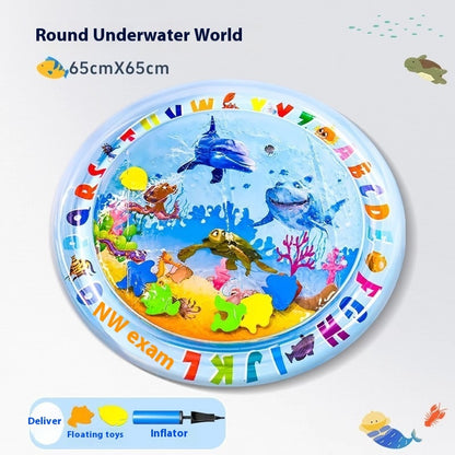 Round inflatable pool with underwater scene, floating toys, and alphabet letters on a white background.