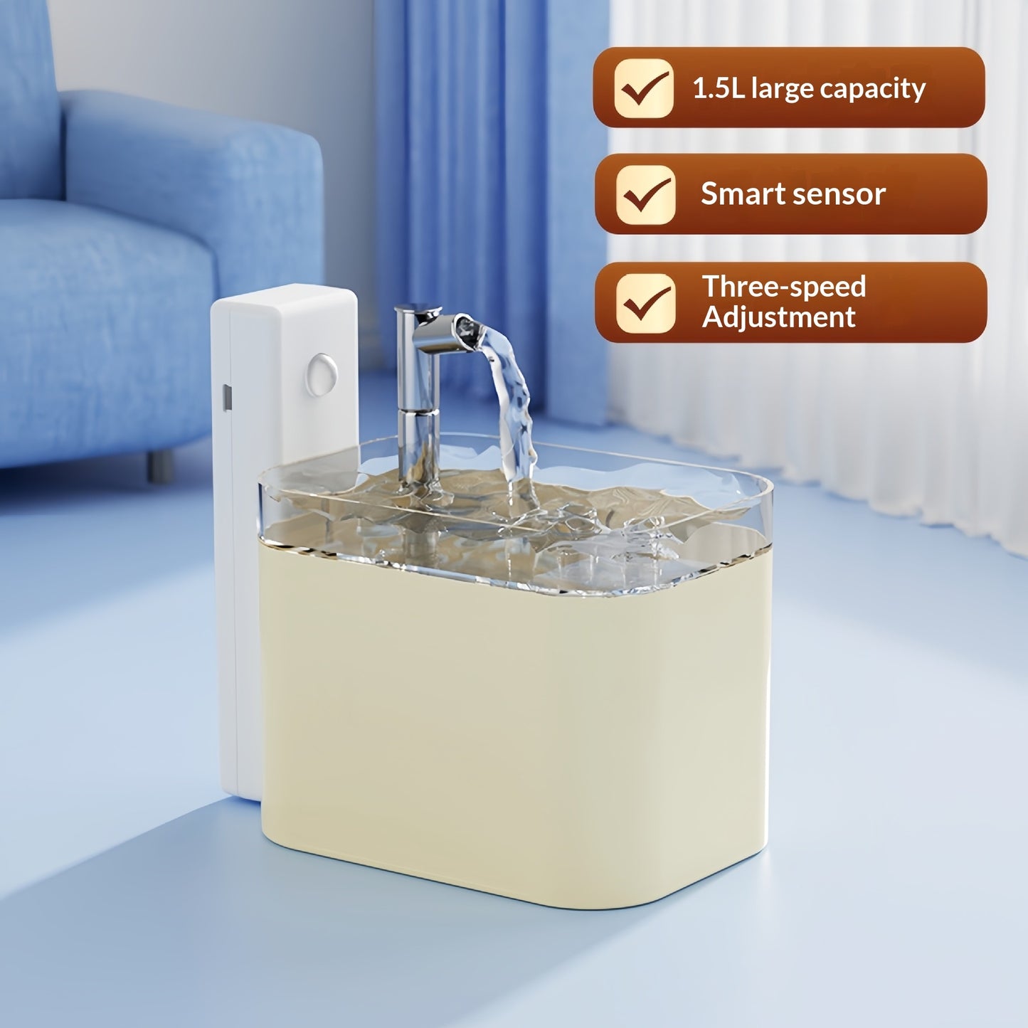 Pet water fountain with features highlighted on a light blue background