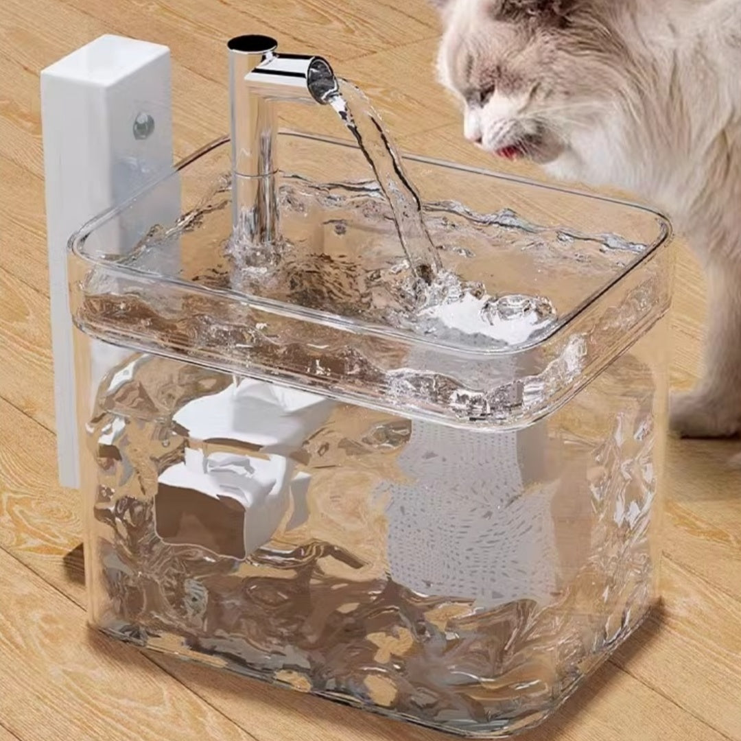 Clear pet water fountain with a cat drinking from it on a wooden floor.