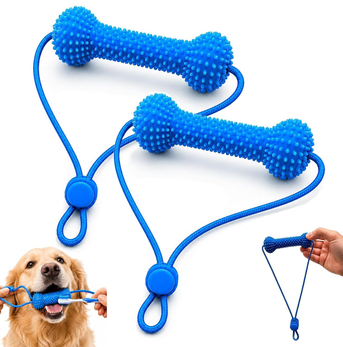Blue textured rubber dog chew toy with rope for interactive tug-of-war and dental care