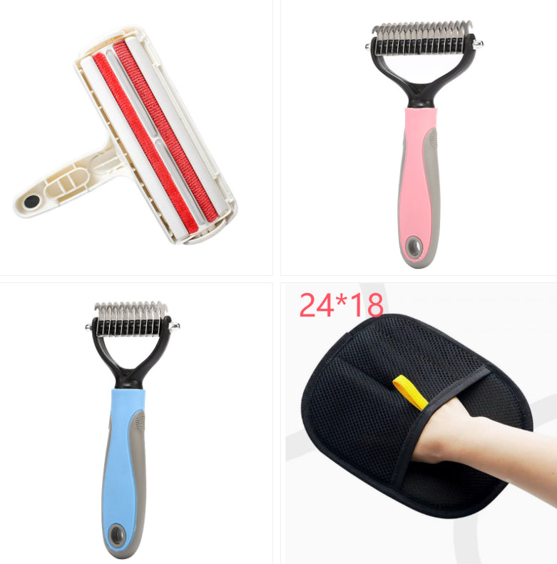 Four-panel product collage showing grooming tools: a white dual-sided brush with red bristles, a pink-and-gray roller brush, a blue-and-gray roller brush, and a black mesh hand-held grooming mitt with a yellow handle. Text reads '24*18'.