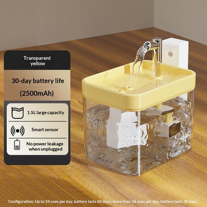 Clear water dispenser with yellow top on a wooden surface, featuring product details.