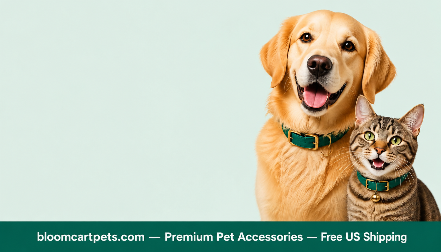 A golden retriever and a tabby cat wearing matching green collars, posed against a pale mint background with a dark teal banner at the bottom reading bloomcartpets.com — Premium Pet Accessories — Free US Shipping.