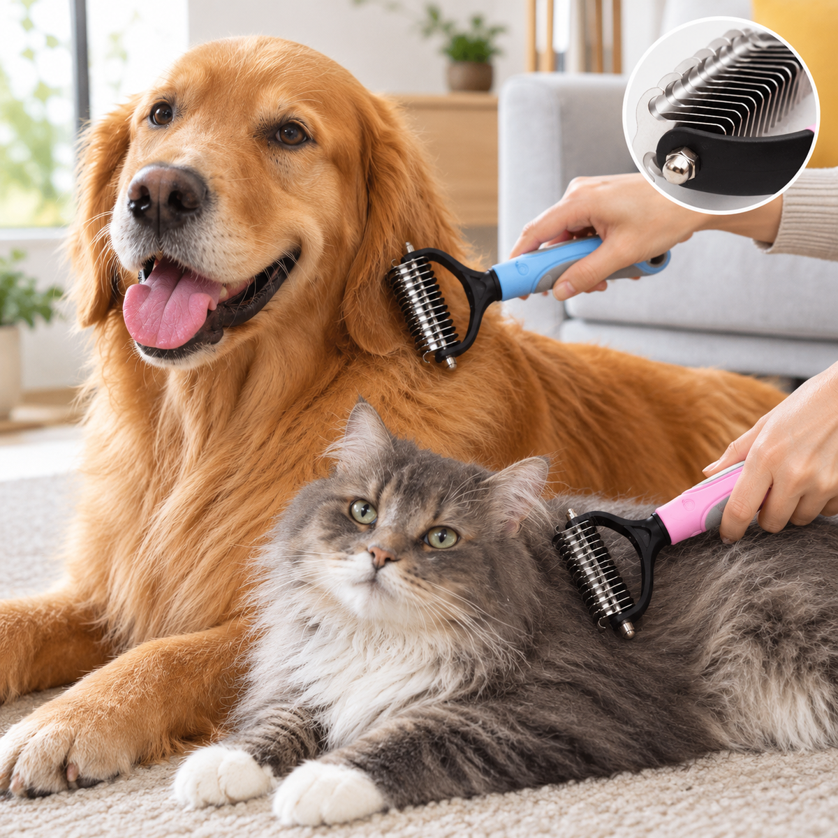 Dog and Cat Grooming Brush in Use – Blue and Pink Deshedding Rakes with Stainless Steel Teeth for Gentle Pet Hair Removal