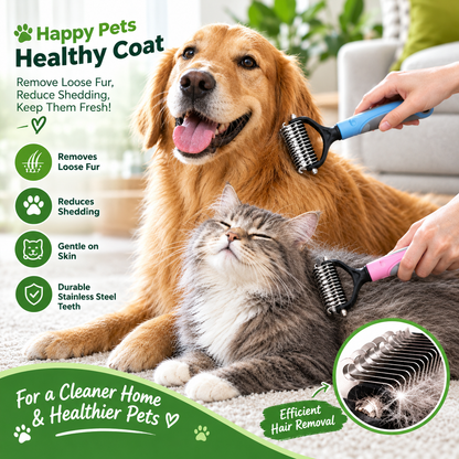 Pet Grooming Brush for Dogs and Cats – Blue and Pink Deshedding Rake with Stainless Steel Teeth for Removing Loose Fur