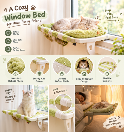 A cozy window bed for pets shown in multiple lifestyle and feature callout panels. A cat is resting on the padded bed attached to a window, and another panel shows a cat sitting on the bed.