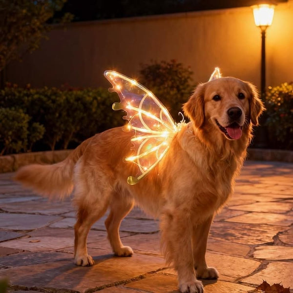 A golden retriever stands on a stone patio at dusk wearing a pair of glowing fairy wings with warm white string lights. The dog is outdoors near a lit garden lamp, and the wings cast a bright warm glow around its back and sides.