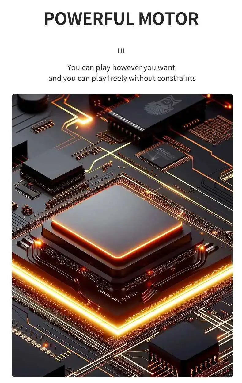 Electronic circuit board with a powerful motor component, glowing with orange light.