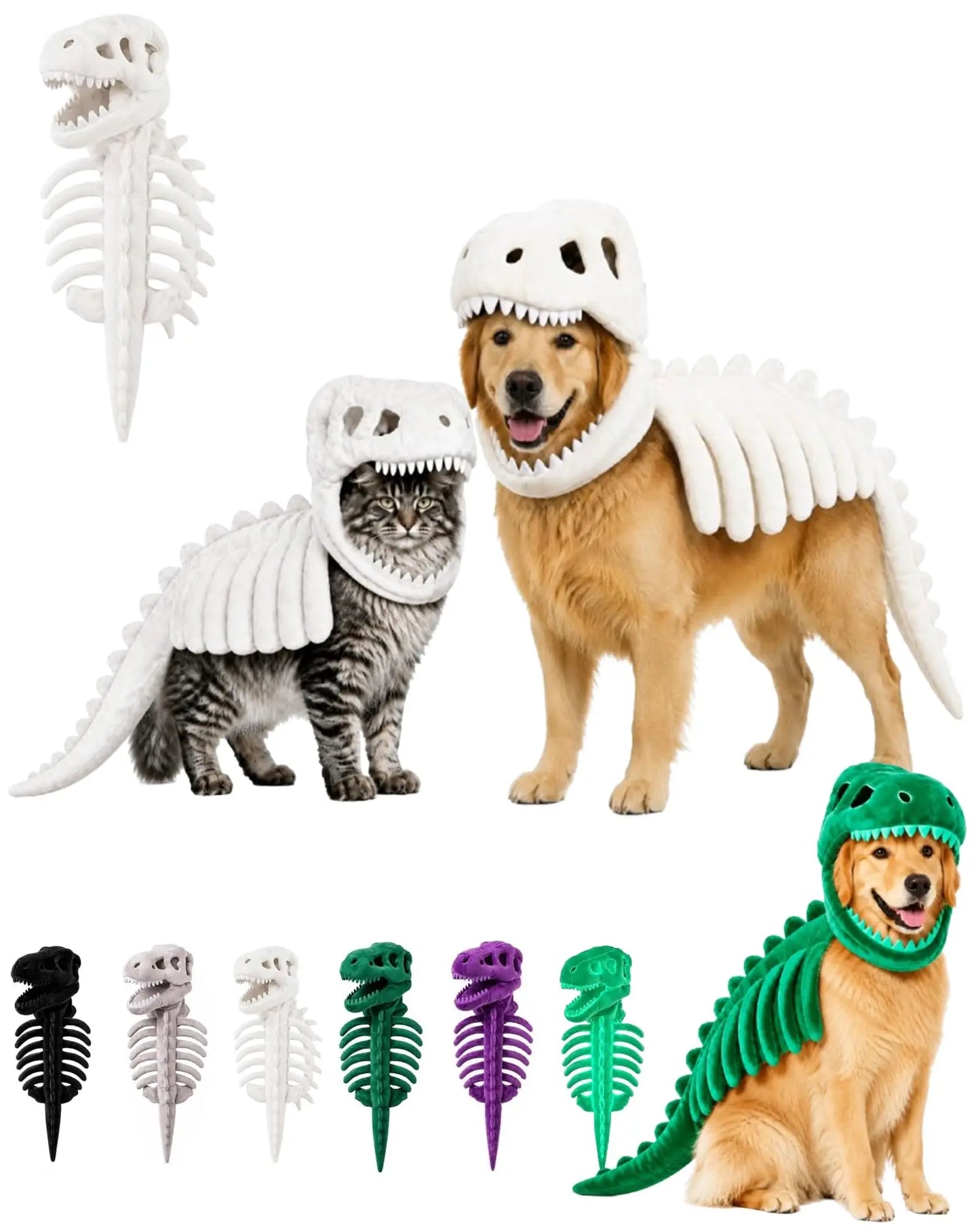 Dinosaur costume set for pets, featuring a white dinosaur skeleton costume with a skull headpiece and tail for dogs and cats, shown on a golden retriever and a tabby cat, with smaller color options in black, white, green, purple, and teal.